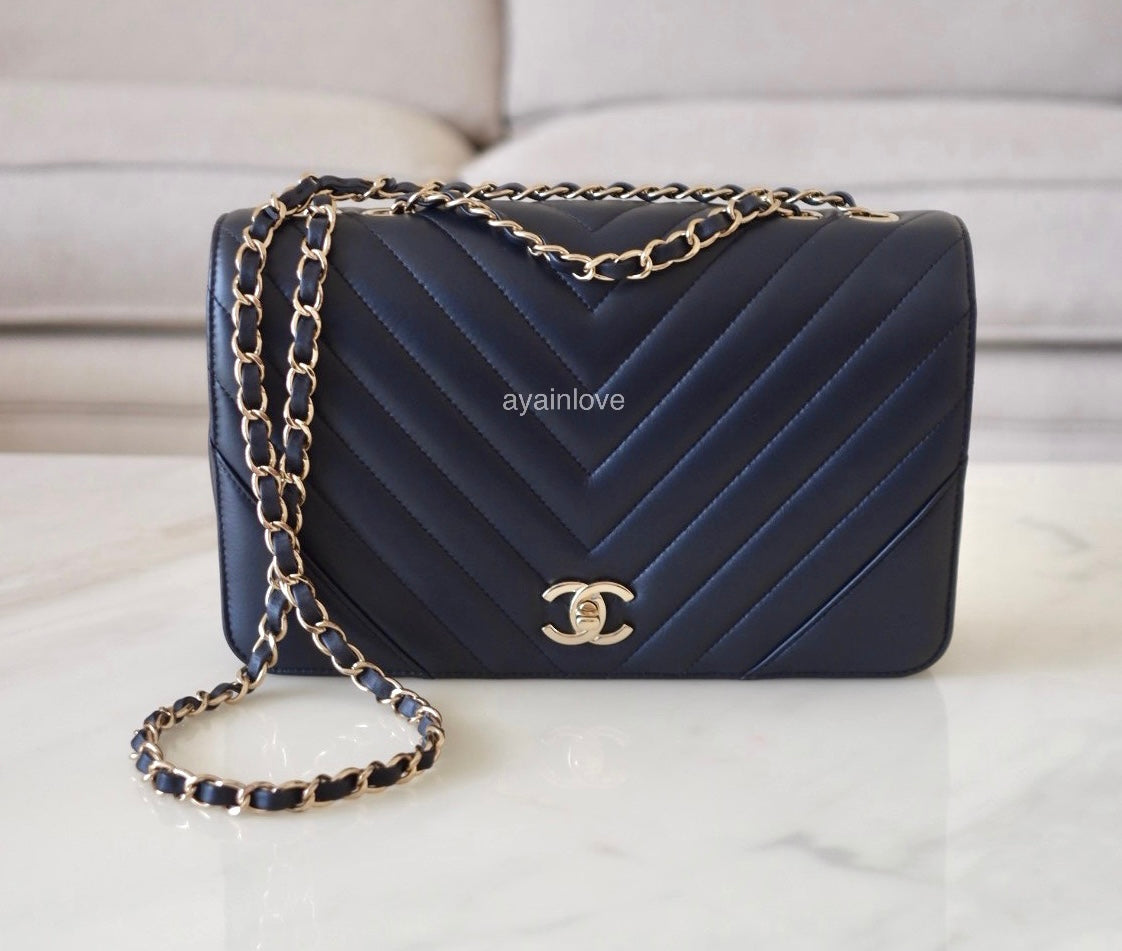 CHANEL Navy Blue Chevron Medium 27cm Statement Full Flap Bag Light