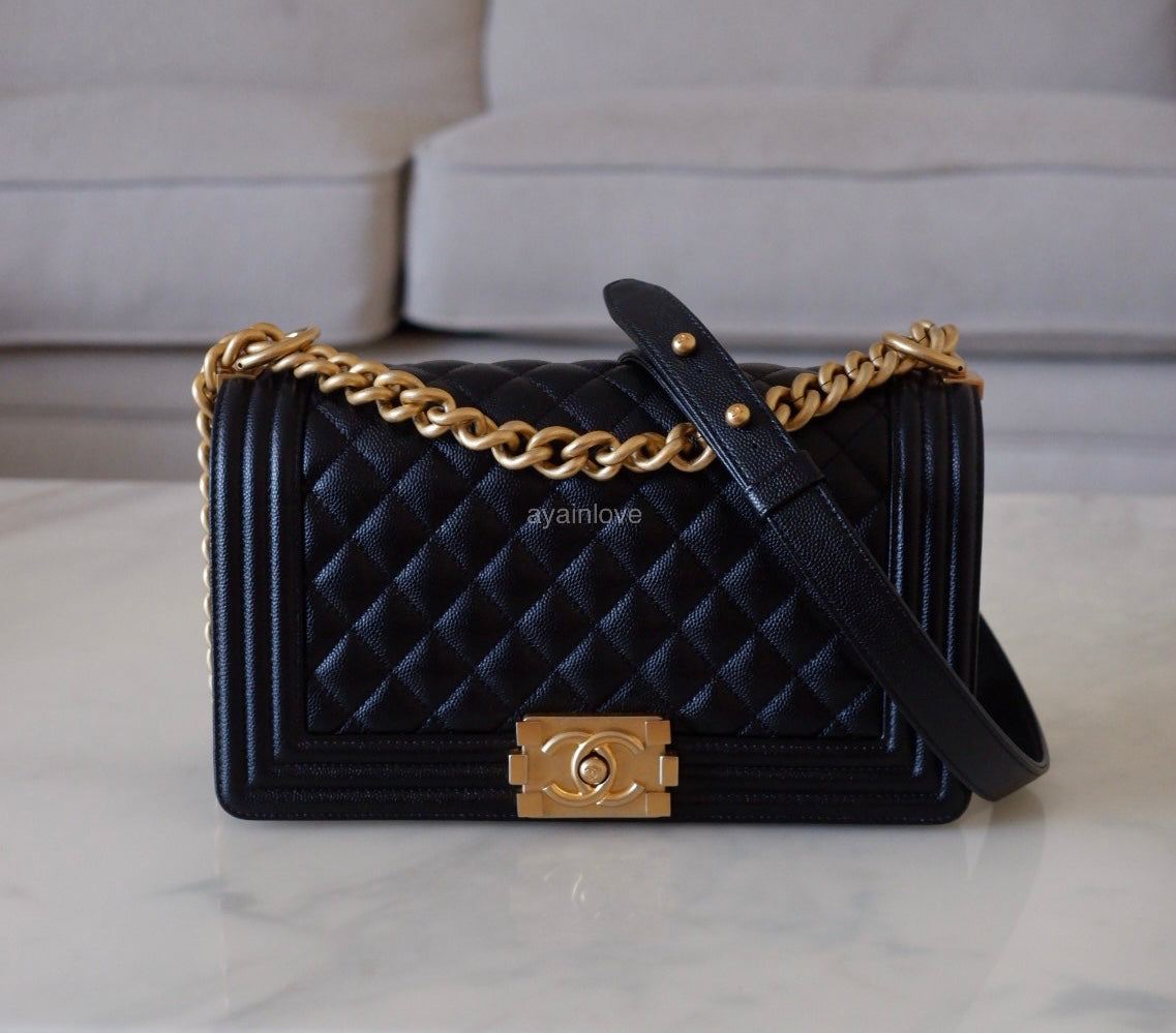 CHANEL Black Caviar Quilted Old Medium Boy Flap Bag Brushed Gold Hardw AYAINLOVE CURATED LUXURIES