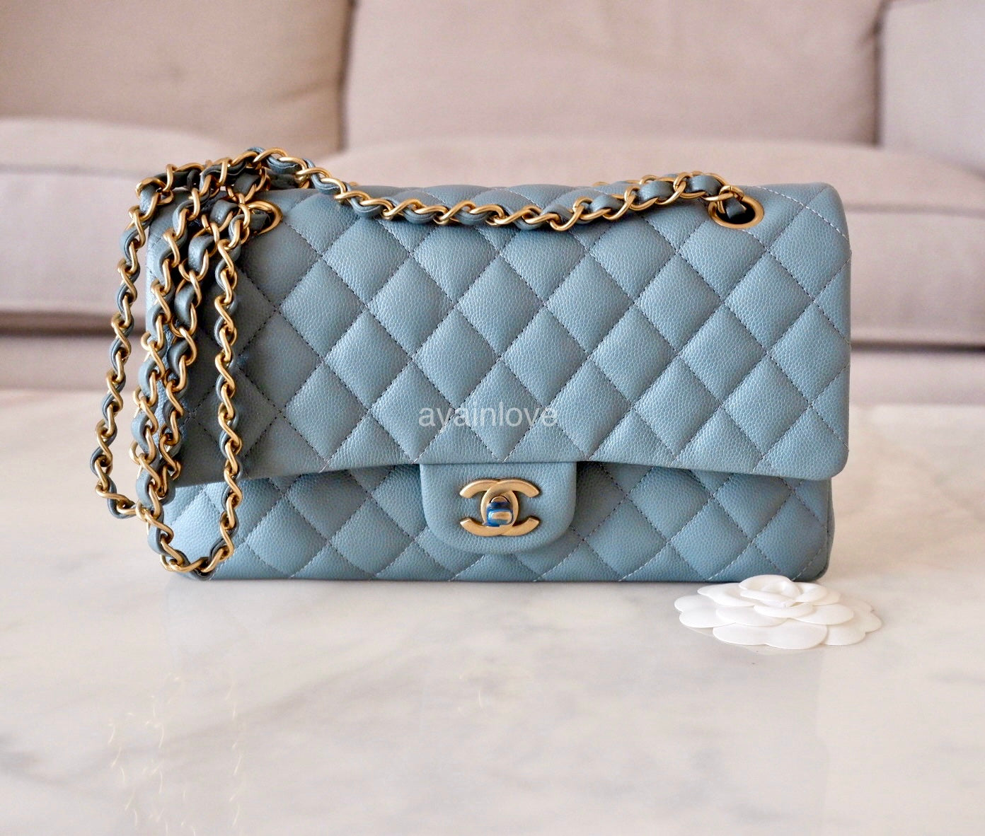 CHANEL 18C Iridescent Tiffany Blue Caviar Medium Large Classic Flap Br AYAINLOVE CURATED LUXURIES