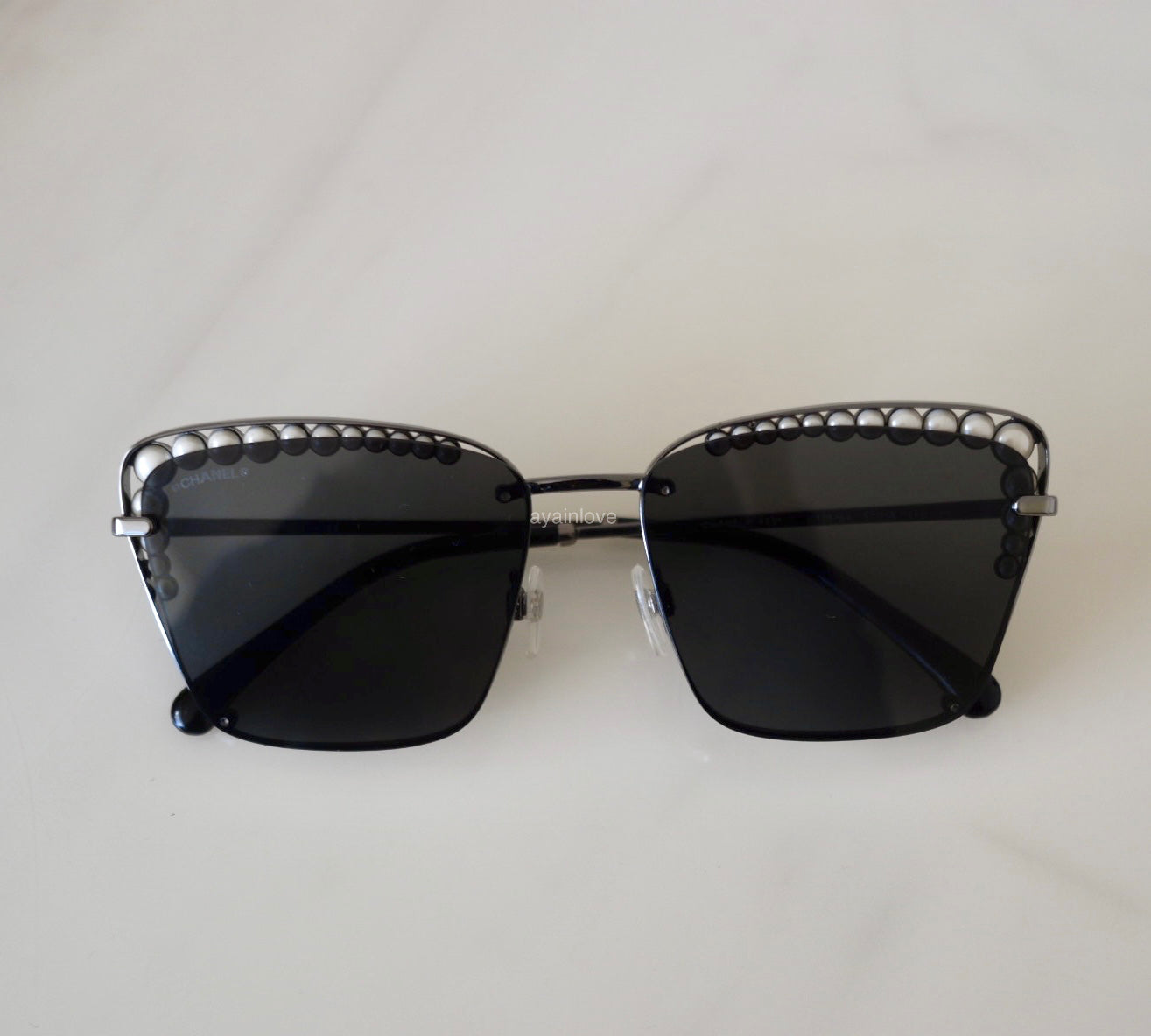 CHANEL Pearl Metal Silvertone Dark Grey Square Sunglasses 4235 H