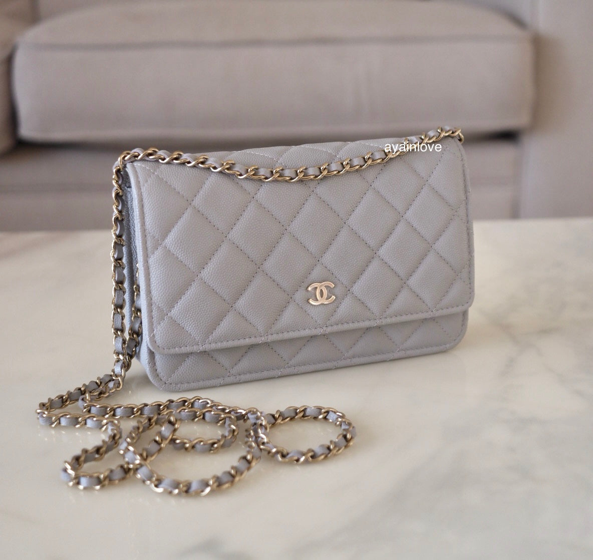 CHANEL 21A Grey Caviar Classic Wallet On Chain Light Gold Hardware AYAINLOVE CURATED LUXURIES