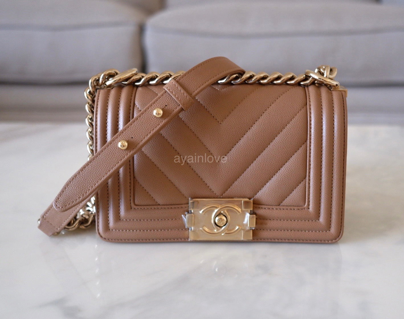 Chanel boy best sale chevron beige