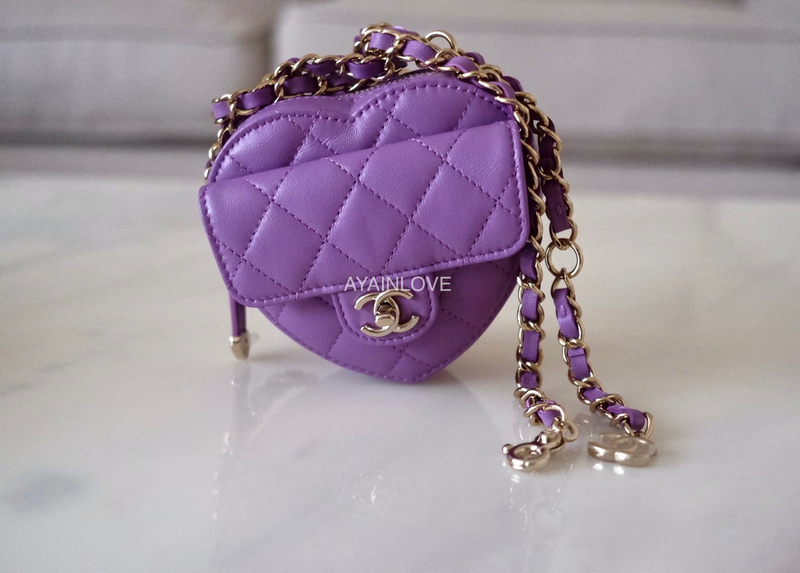 Chanel Heart Zipped Arm Coin Purse 22S Purple Lambskin for Women