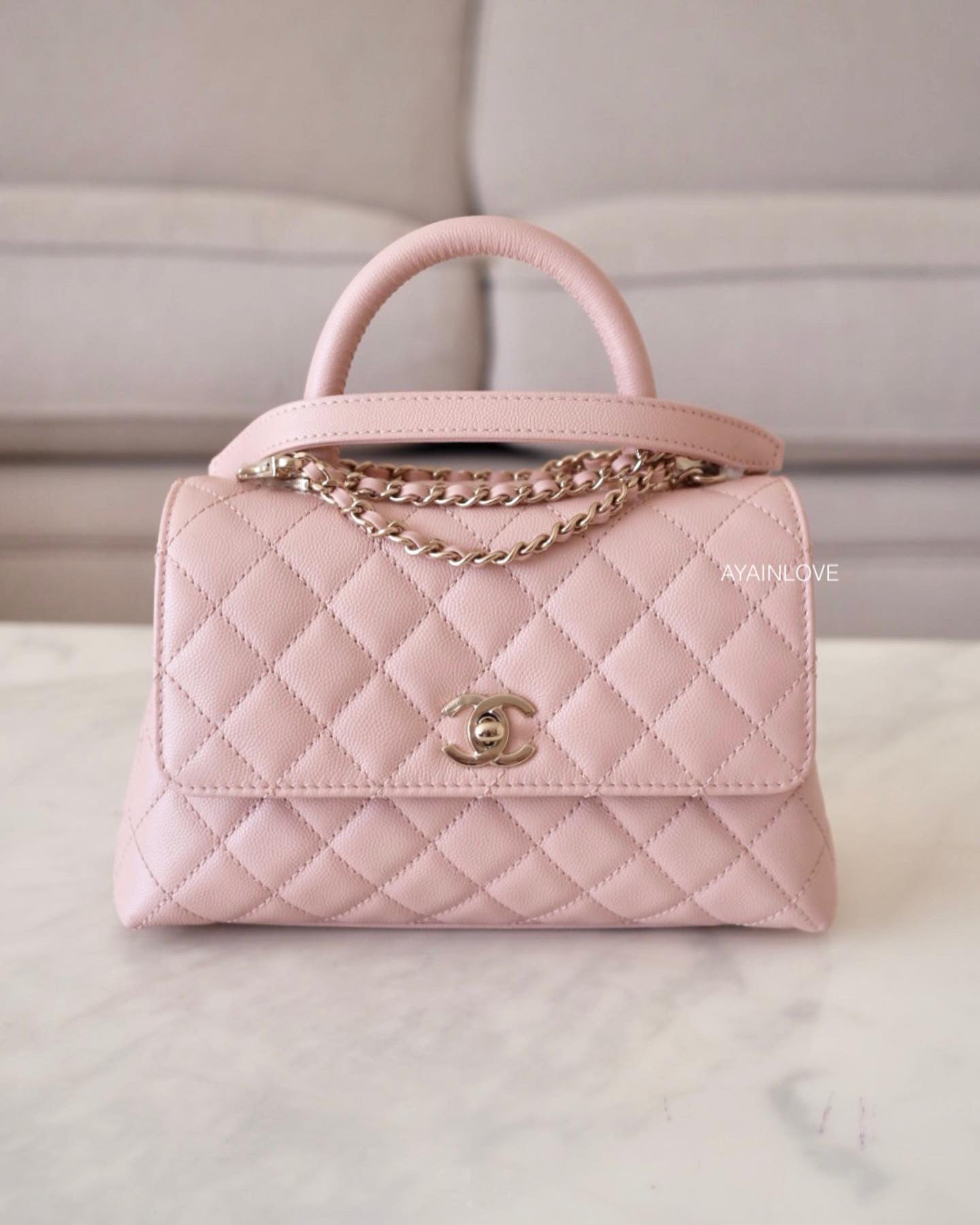Chanel Mini/Small Coco Handle 21A Light Pink Quilted Caviar with light gold  hardware