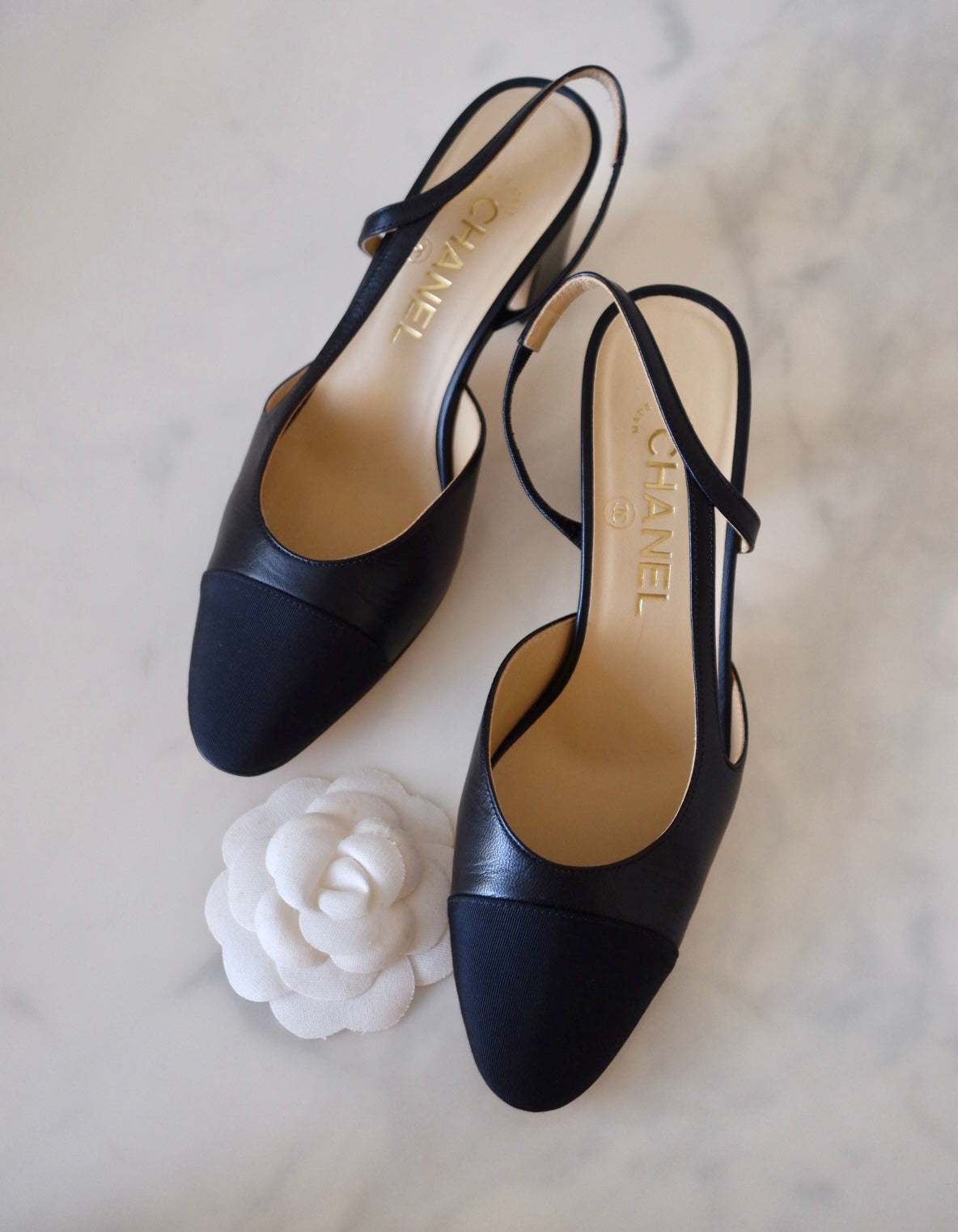 CHANEL Black Goatskin and Grosgrain Classic Slingback Heel Shoes Size 36.5 EU