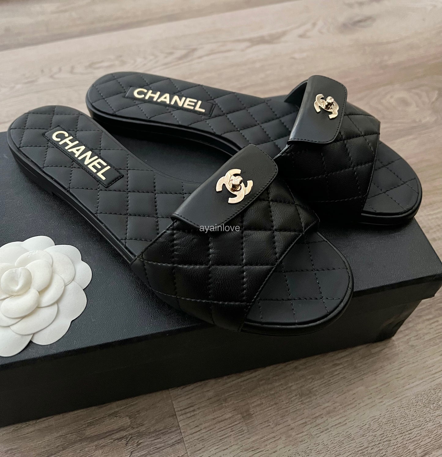 CHANEL Black Gold CC Turnlock Quilted Slides Mules Sandals Size 38.5 EU