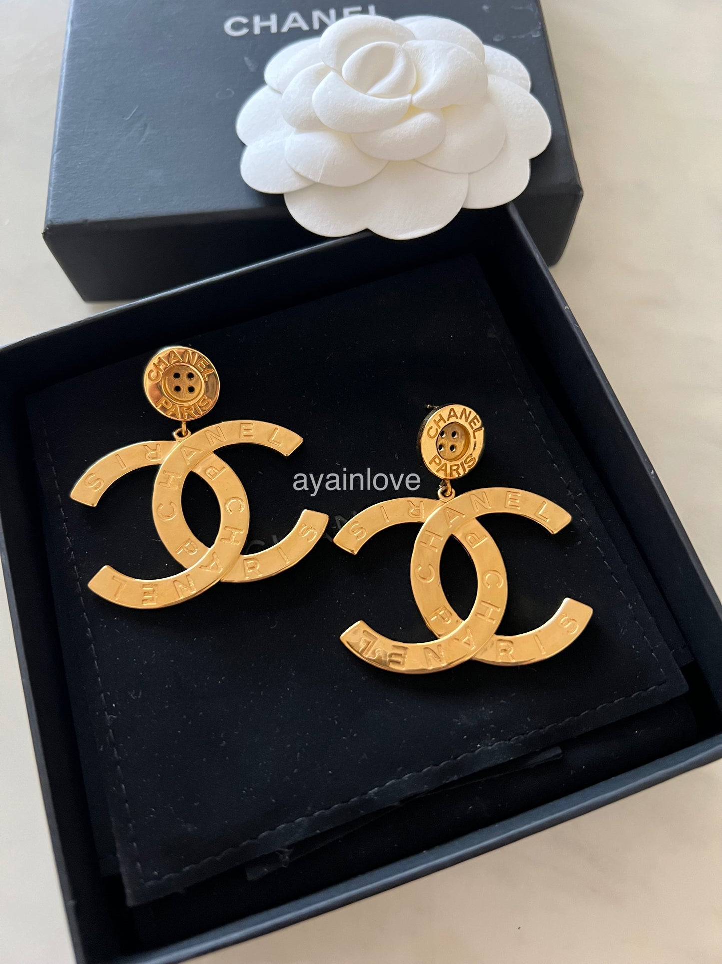 CHANEL 20A CC Paris Button Large Drop Earrings Gold Hardware