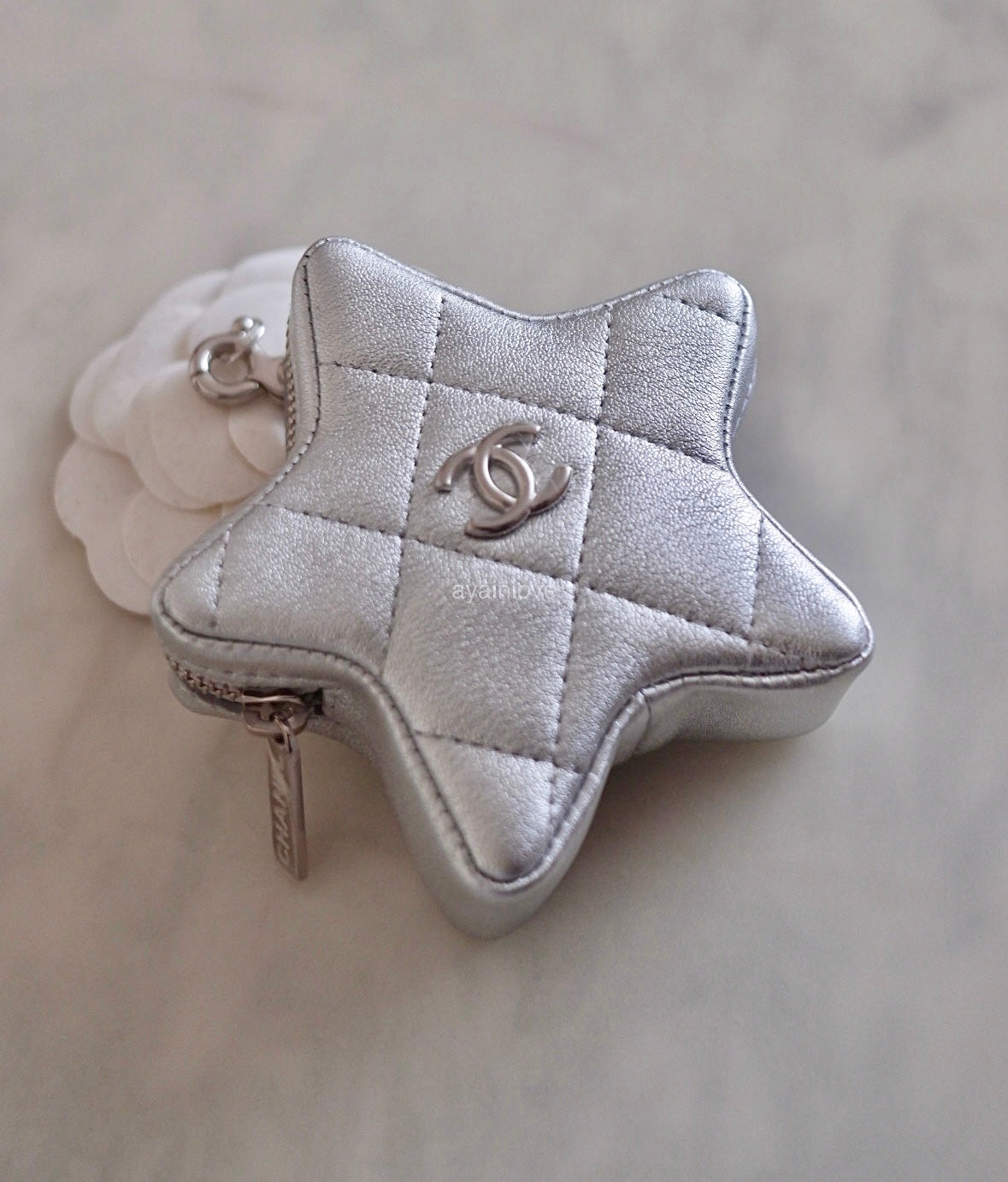 CHANEL Metallic Silver Walk Of Fame Star Clip On Zip Coin Purse Silver Hardware