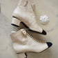 CHANEL White Ecru Black Pearl Ankle Boots Shoes Size 39 EU