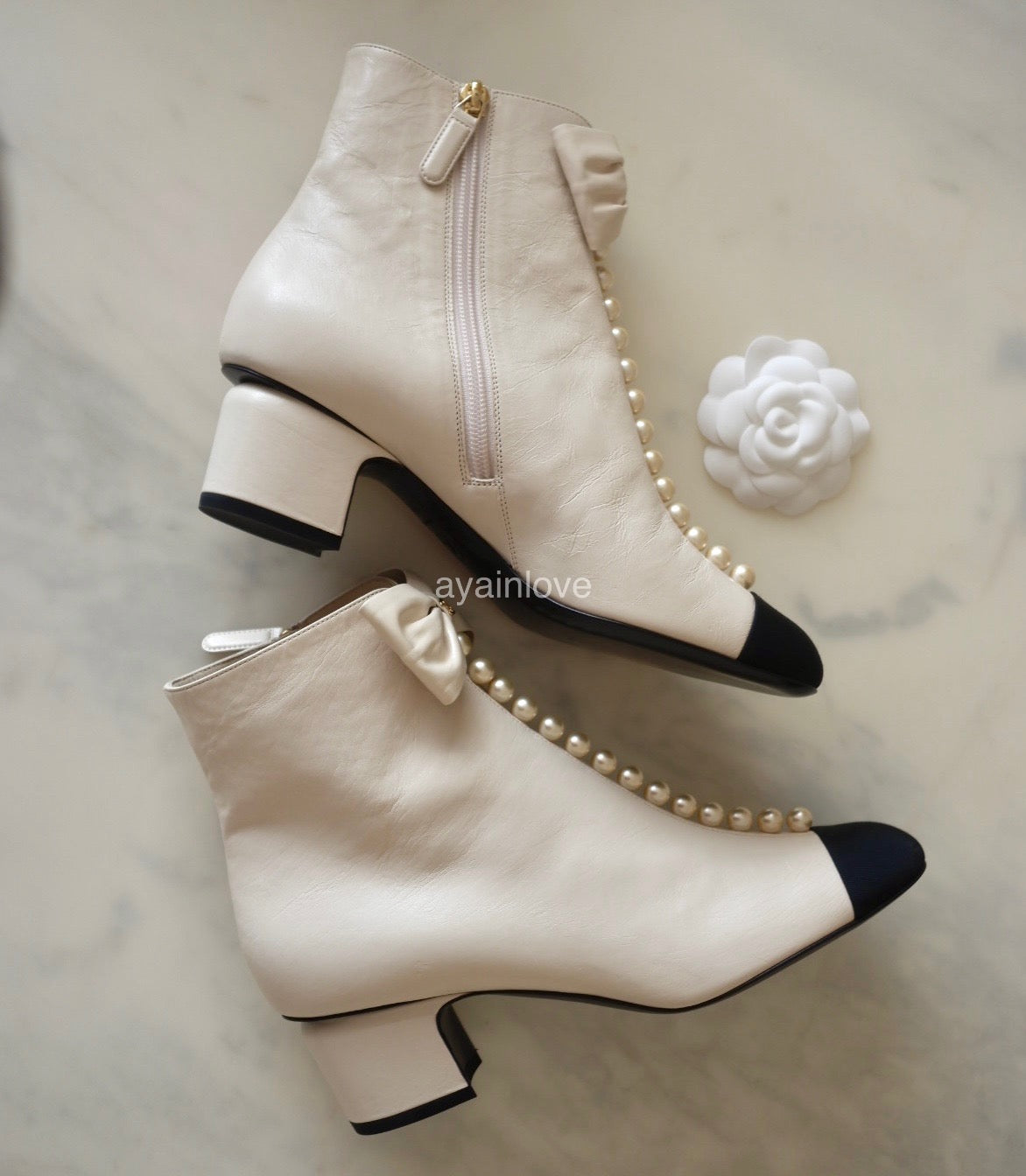 CHANEL White Ecru Black Pearl Ankle Boots Shoes Size 39 EU