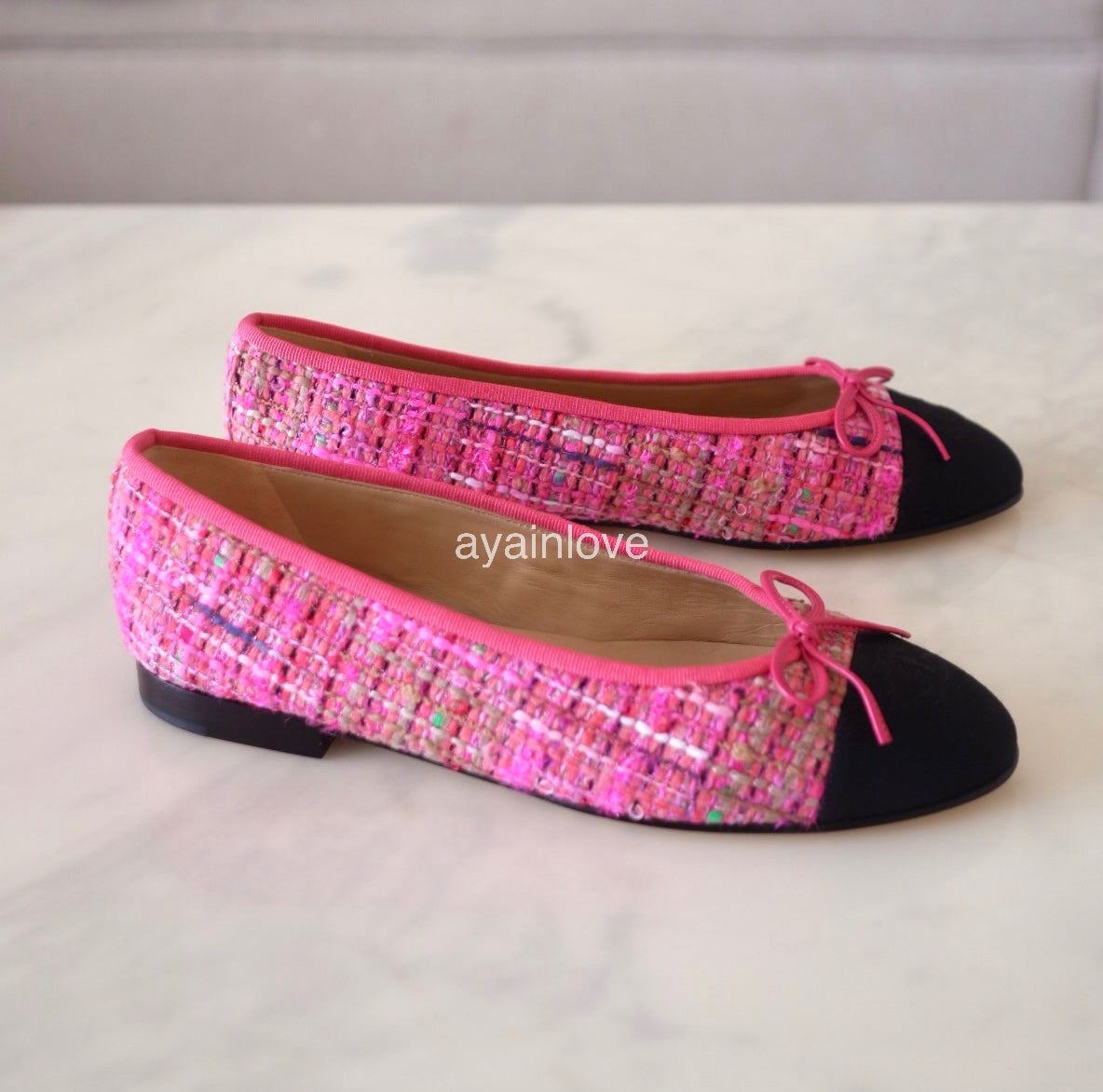 CHANEL CC Pink Multicolour Tweed Ballet Shoes Size 38 EU