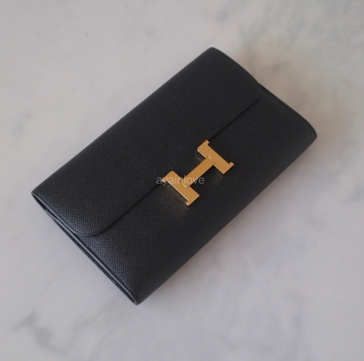 HERMES Constance Noir Black Epsom Long Flap Wallet Gold Hardware