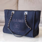 CHANEL Navy Blue Canvas Small Medium 34 cm Deauville *Microchipped* Tote Bag Silver Hardware