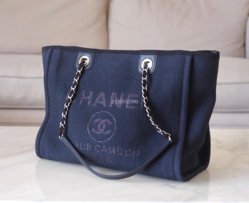 CHANEL Navy Blue Canvas Small Medium 34 cm Deauville *Microchipped* Tote Bag Silver Hardware