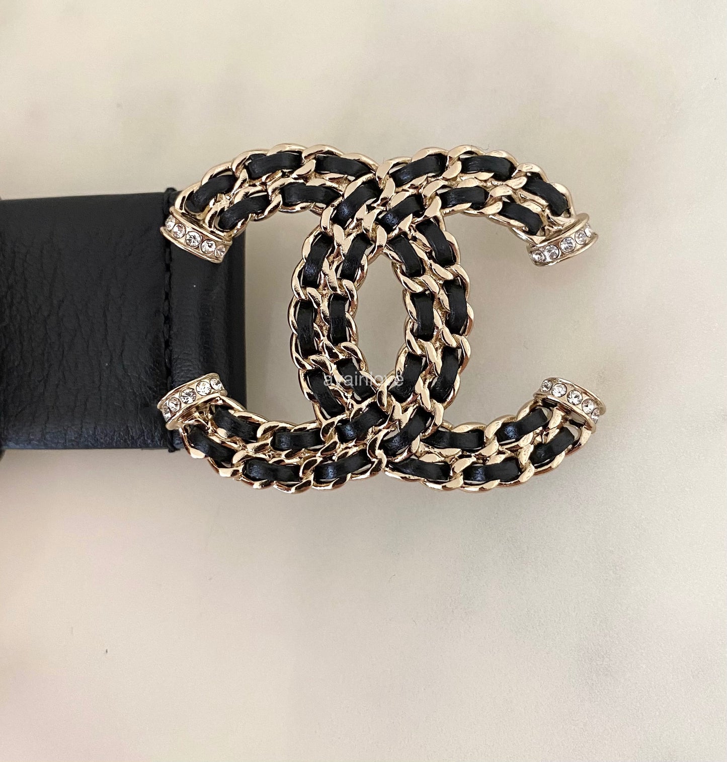 CHANEL 21B Black CC Diamante Leather Chain Belt Size 70 Light Gold Hardware