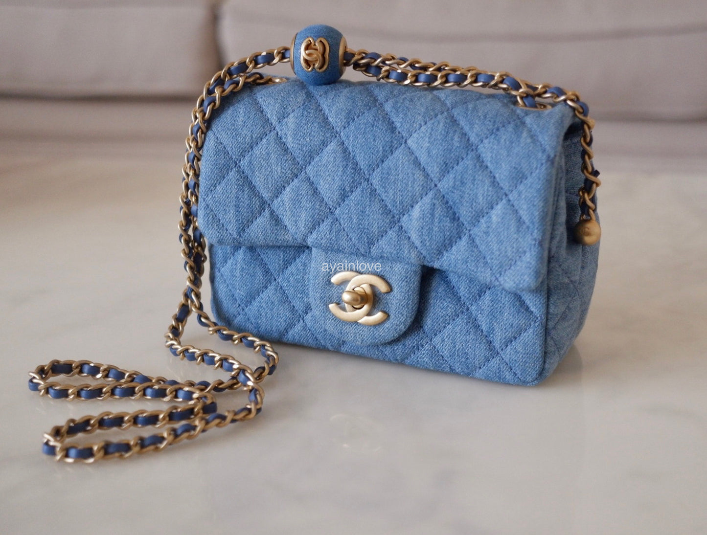 CHANEL 22C Blue Denim Pearl Crush Square Mini Flap Bag Gold Hardware