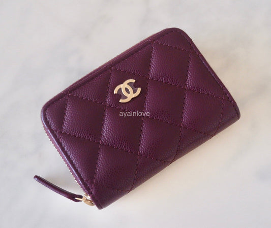 CHANEL 24B Burgundy Caviar Zippy Card Holder Wallet Light Gold Hardware