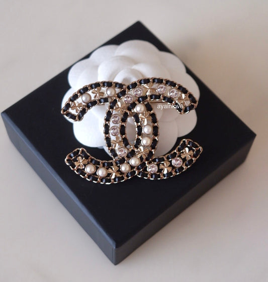 CHANEL 20B Crystal Pearl Black Leather CC Large Brooch Light Gold Hardware