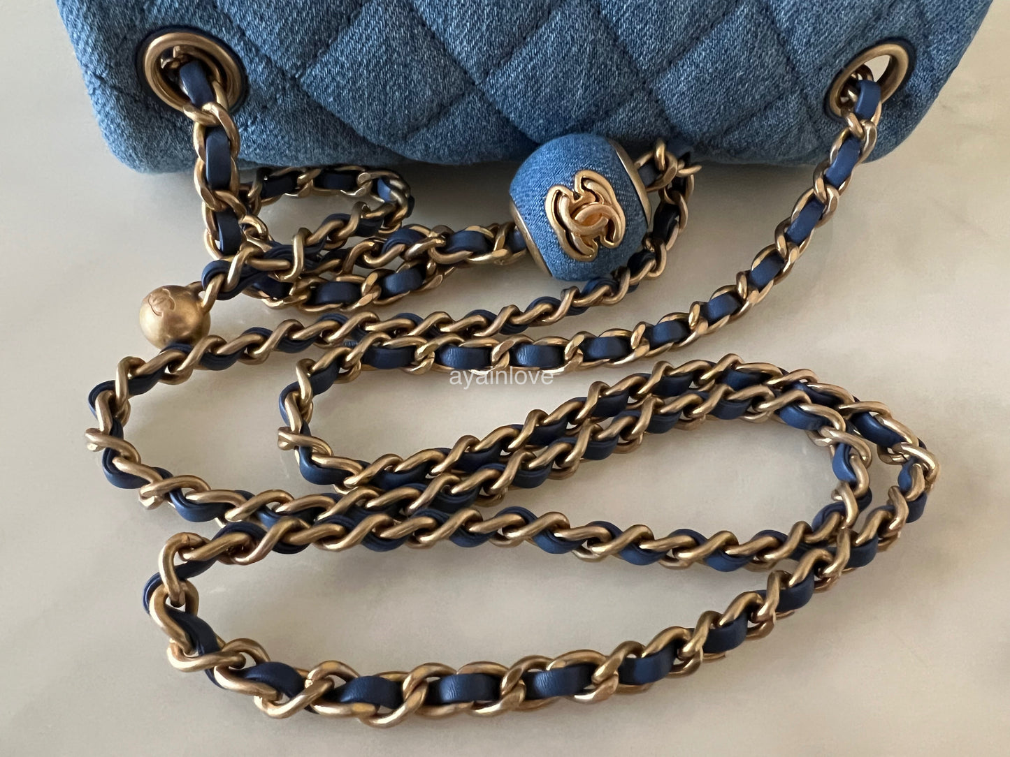 CHANEL 22C Blue Denim Pearl Crush Square Mini Flap Bag Gold Hardware