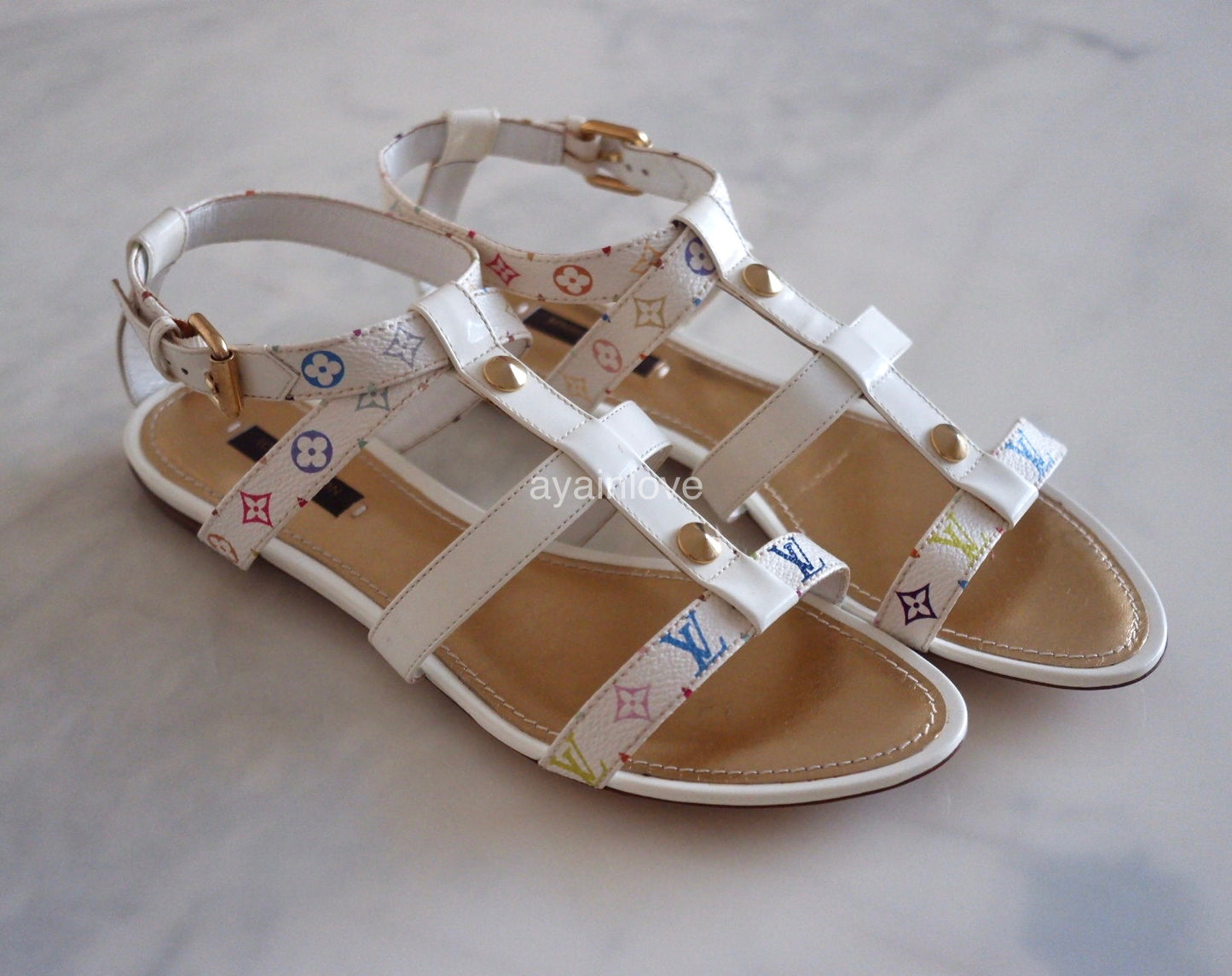 LOUIS VUITTON White Multicolour Murakami Ankle Sandal Strap Gold Hardware Sz 37