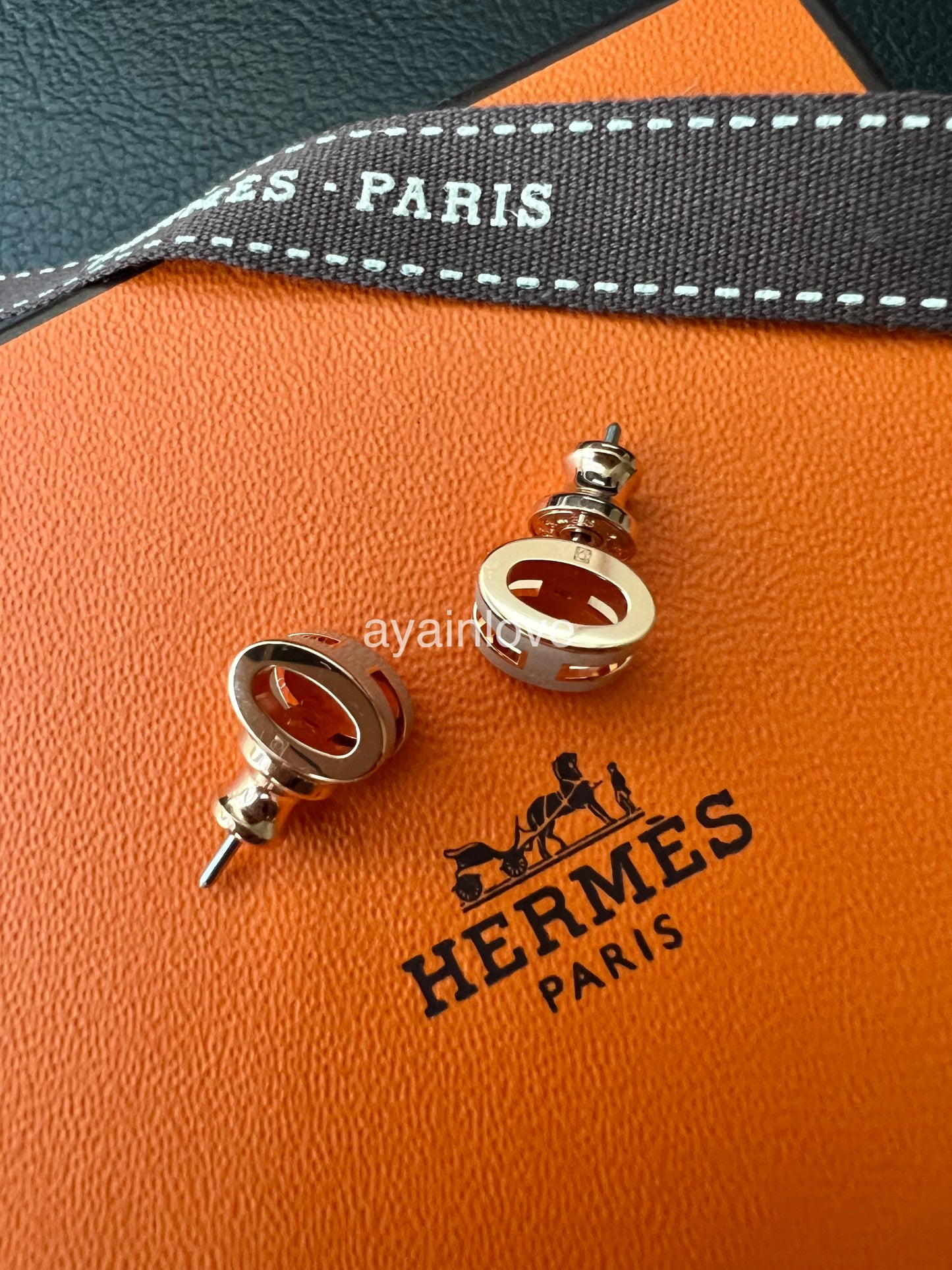 HERMES Mini H Pop Marron Glace Earrings Rose Gold Hardware