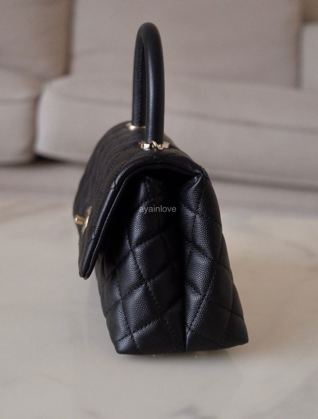 CHANEL Black Caviar Quilted Small Coco Handle 24 cm Light Gold Hardware