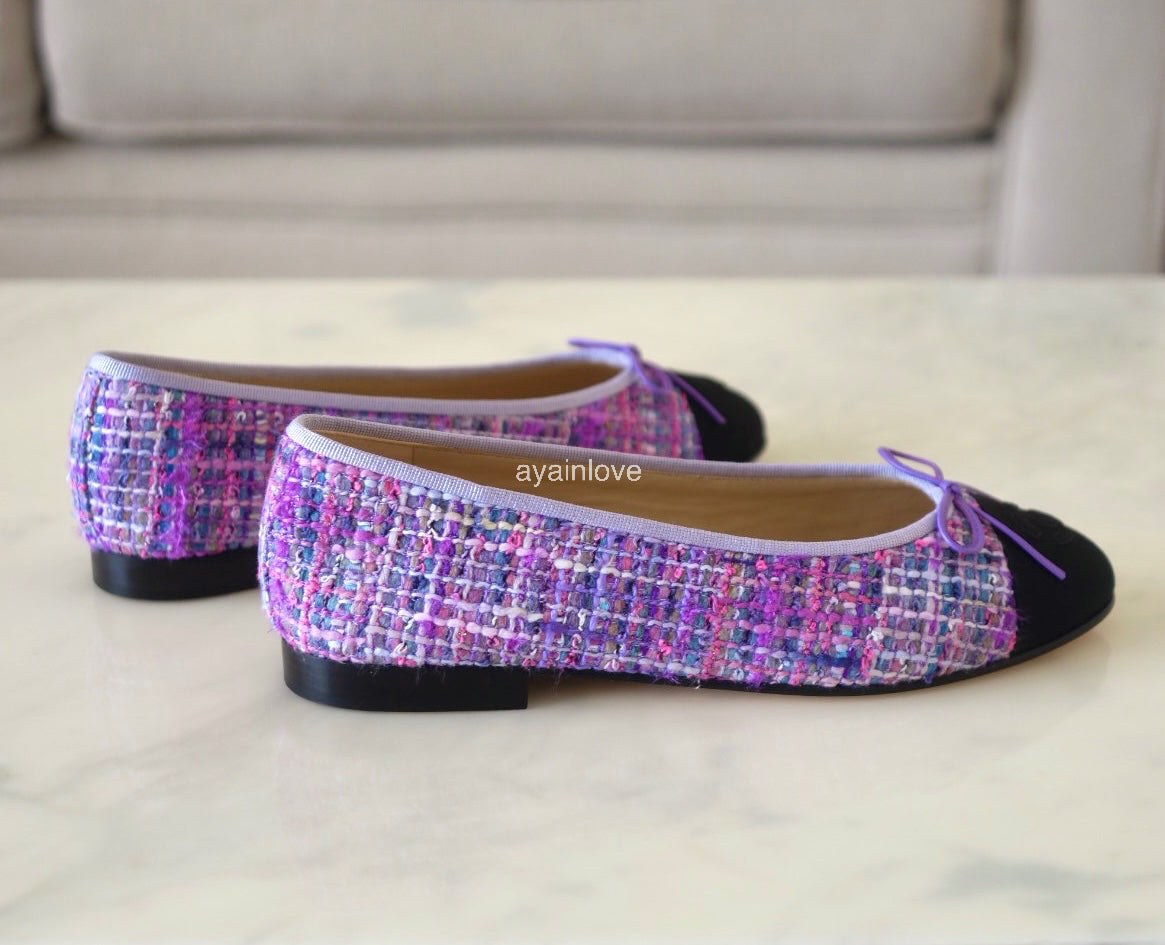 CHANEL CC Purple Multicolour Tweed Ballet Shoes Size 38 EU