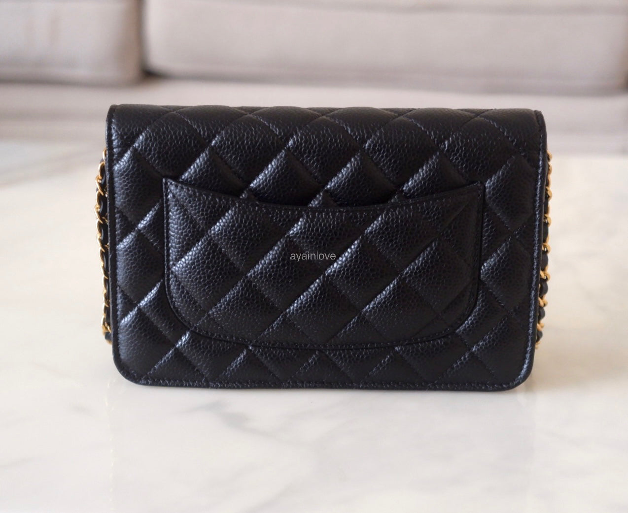 CHANEL Black Caviar Microchipped Classic Wallet On Chain Gold Hardware