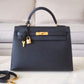 HERMES Kelly 32 Noir Black Epsom Sellier Gold Hardware X Stamp