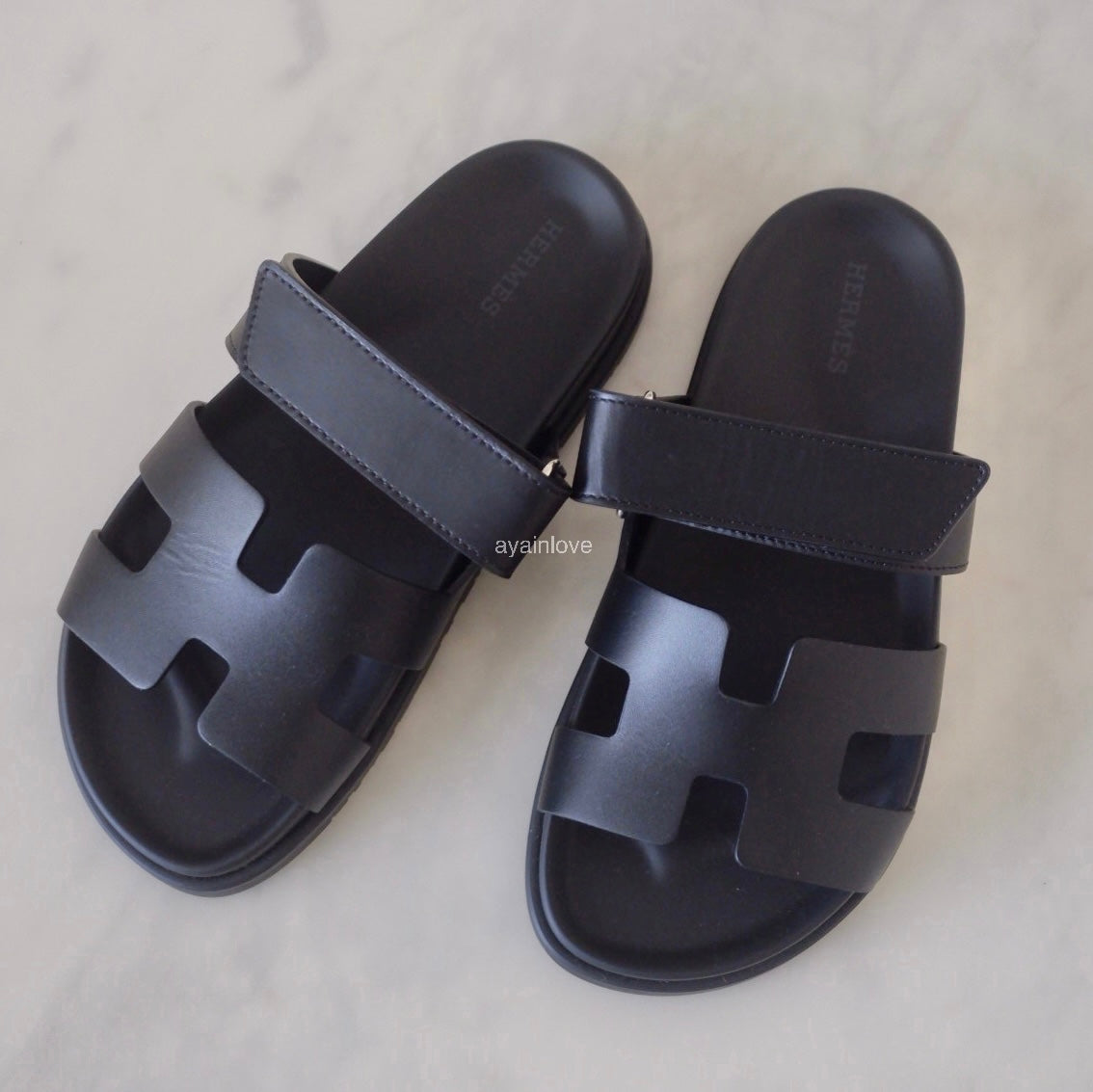 HERMES Black Noir Chypre Calfskin Sandals Size 36.5 EU