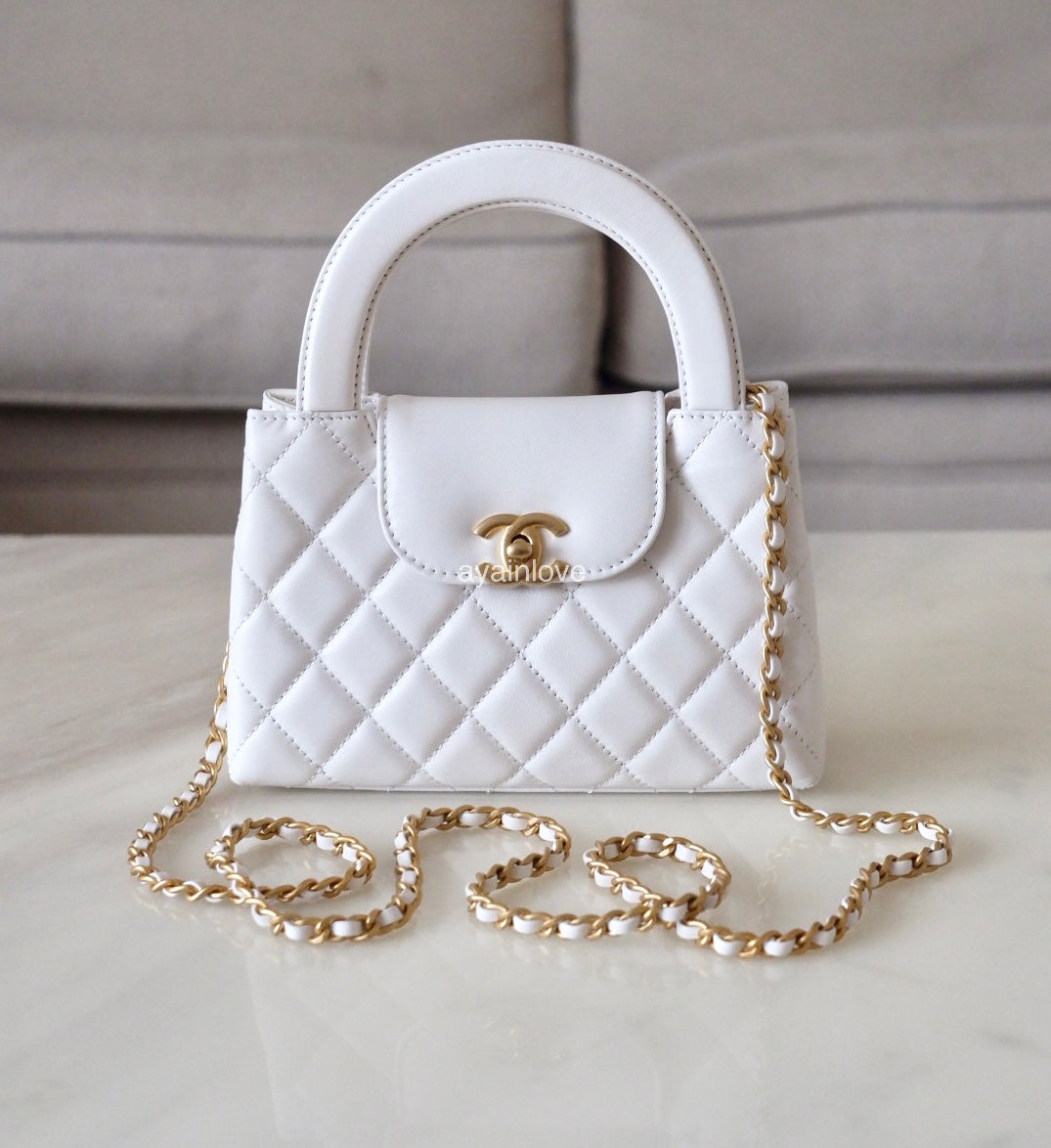 CHANEL White Shiny Calfskin Mini Kelly 19cm Shopping Bag Gold Hardware