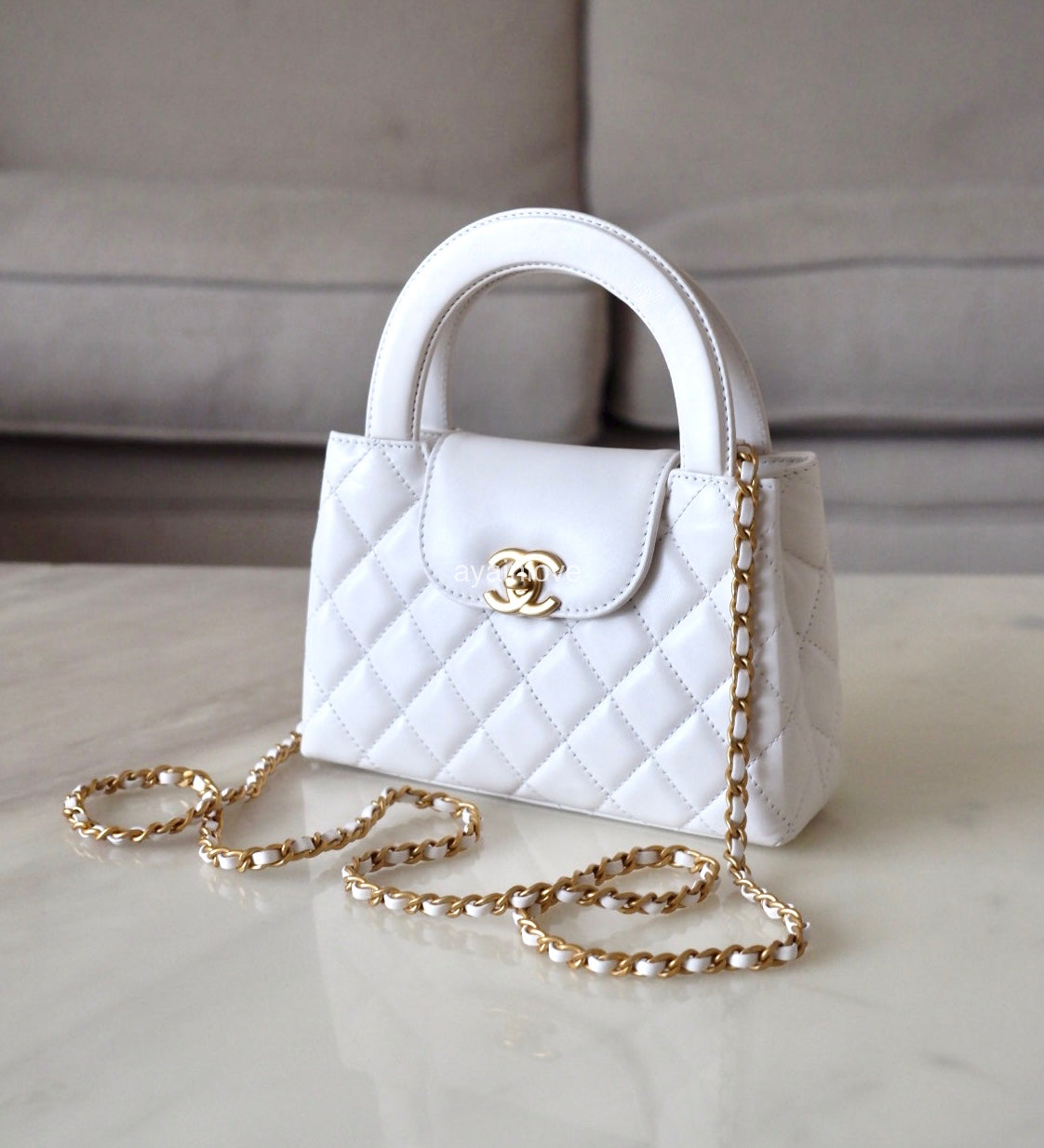 CHANEL White Shiny Calfskin Mini Kelly 19cm Shopping Bag Gold Hardware