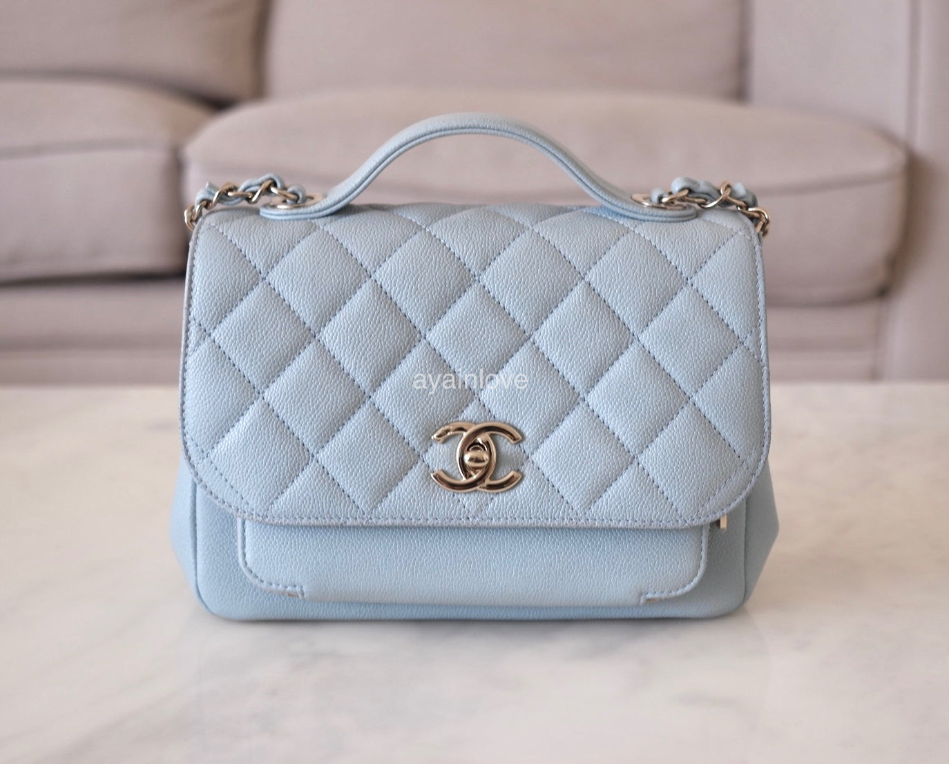 CHANEL 22P Light Blue Caviar Medium Business Affinity Light Gold Hardware