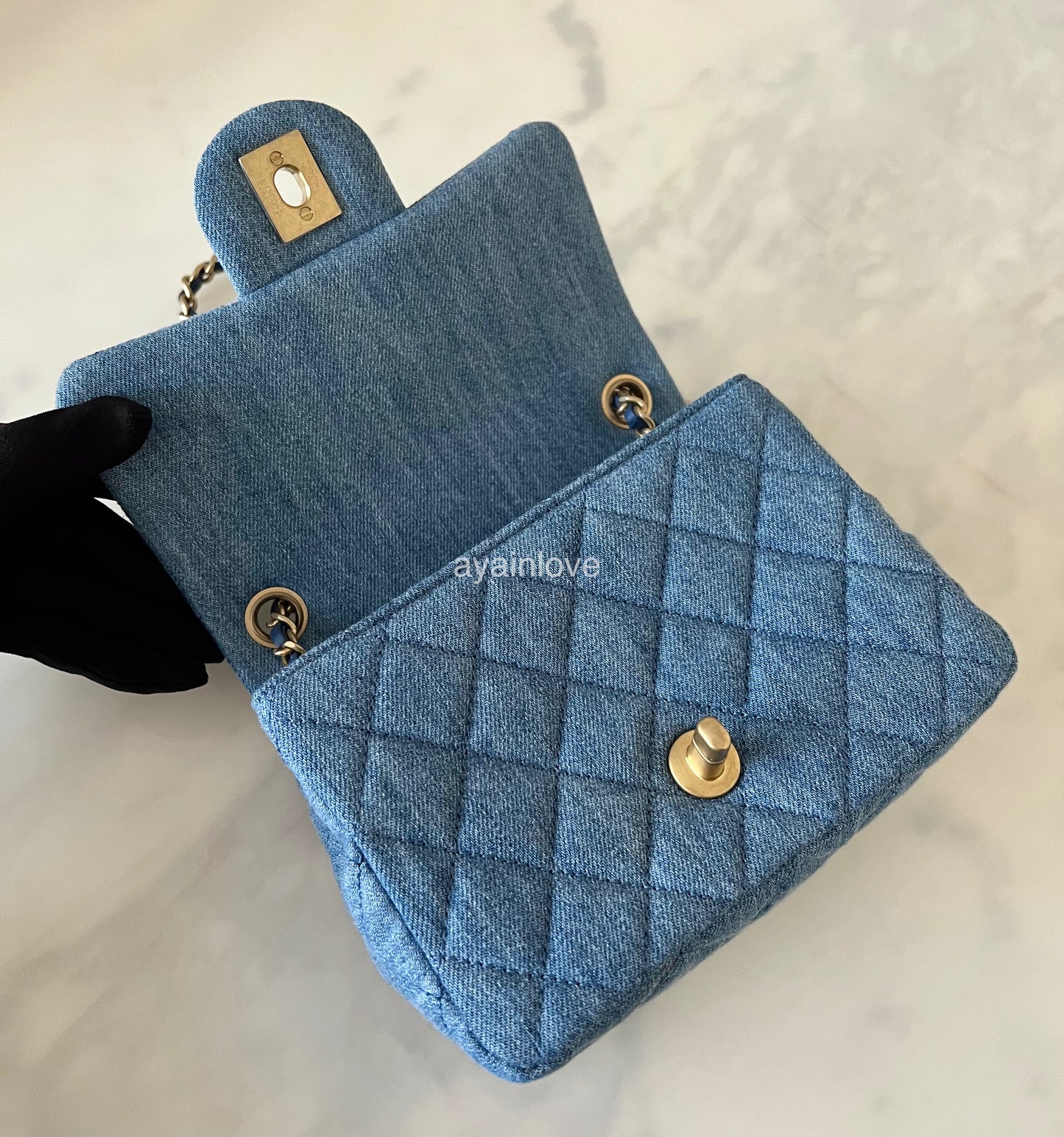 CHANEL 22C Blue Denim Pearl Crush Square Mini Flap Bag Gold Hardware