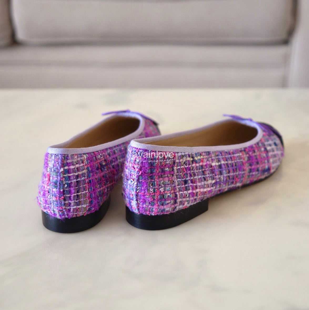 CHANEL CC Purple Multicolour Tweed Ballet Shoes Size 38 EU