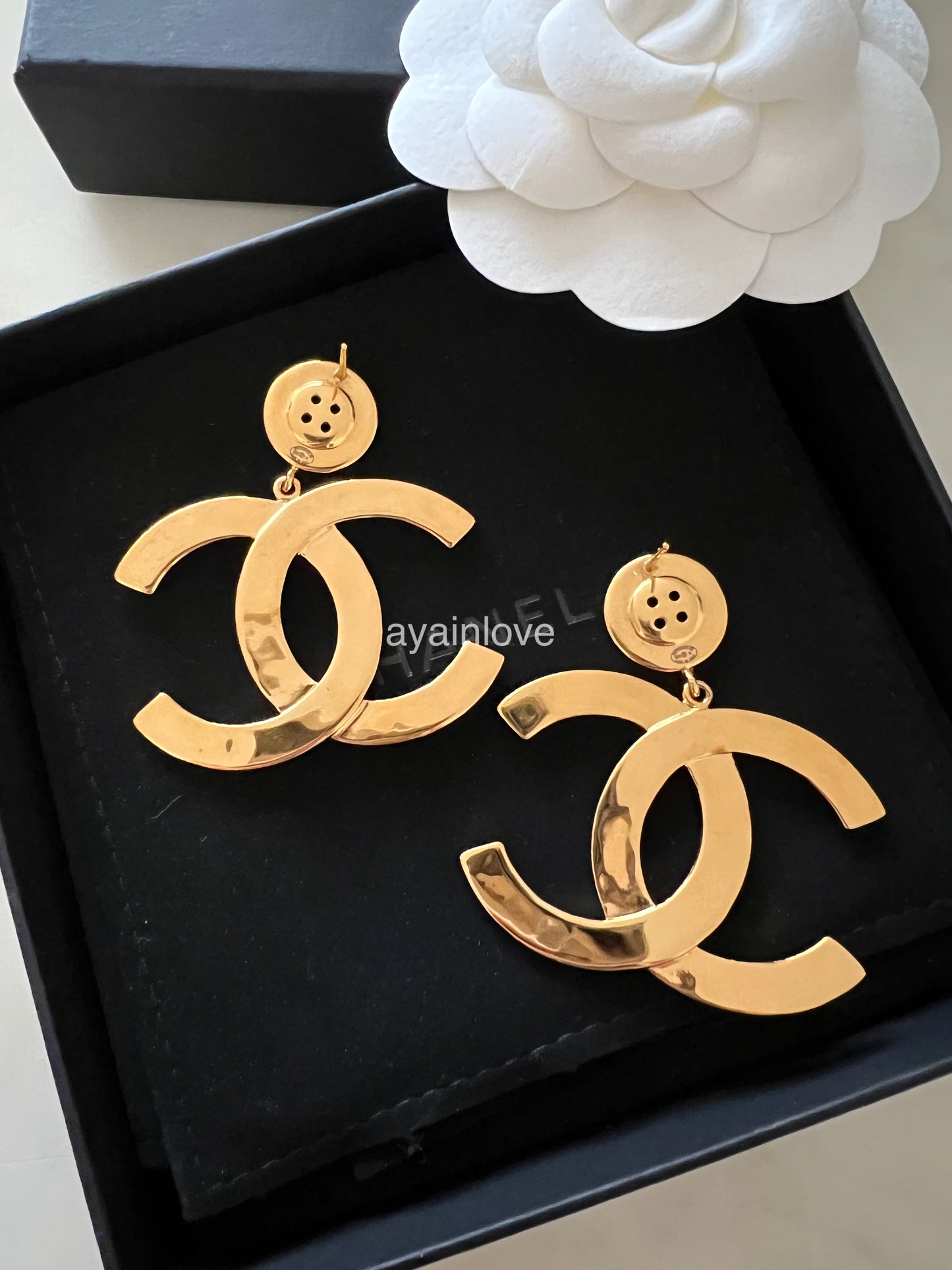 CHANEL 20A CC Paris Button Large Drop Earrings Gold Hardware