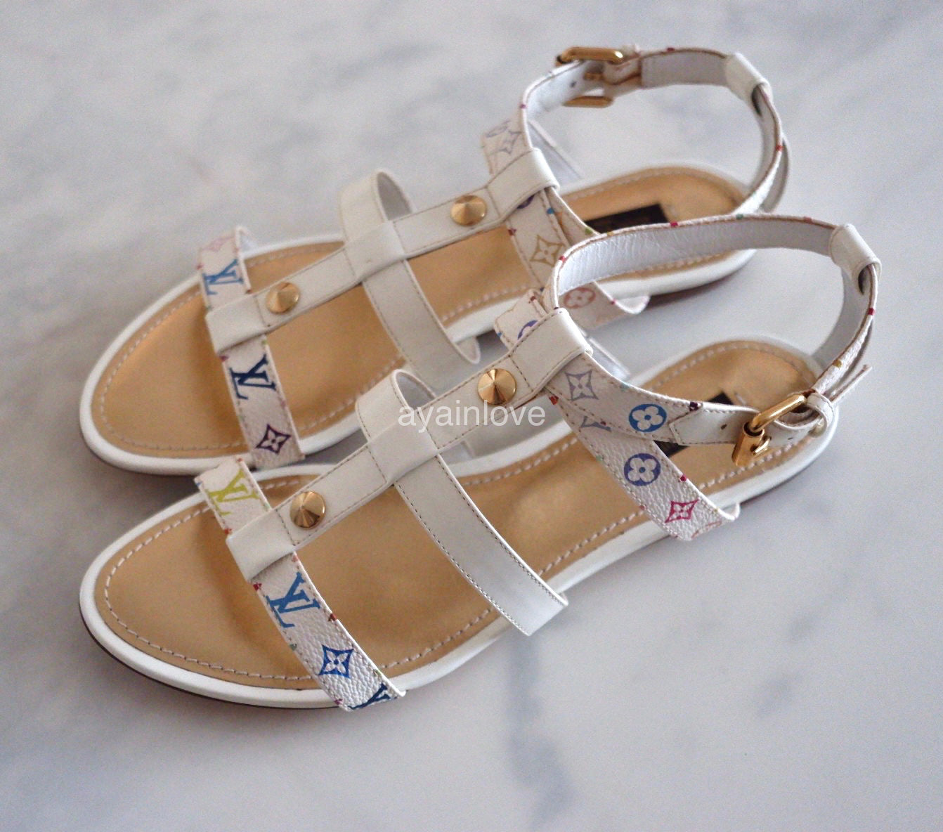 LOUIS VUITTON White Multicolour Murakami Ankle Sandal Strap Gold Hardware Sz 37