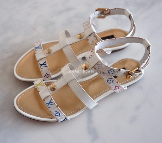 LOUIS VUITTON White Multicolour Murakami Ankle Sandal Strap Gold Hardware Sz 37