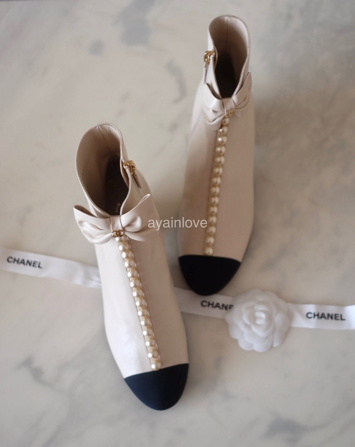 CHANEL White Ecru Black Pearl Ankle Boots Shoes Size 39 EU