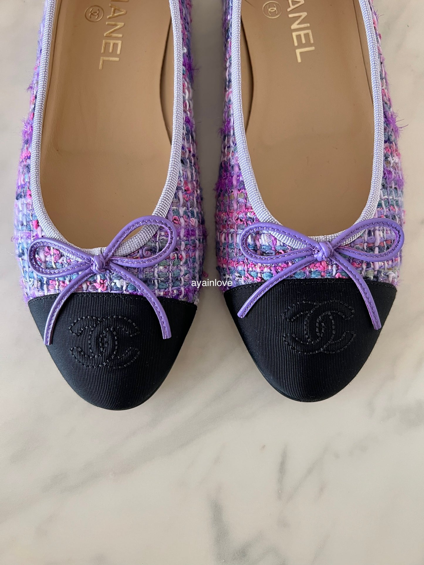 CHANEL CC Purple Multicolour Tweed Ballet Shoes Size 38 EU