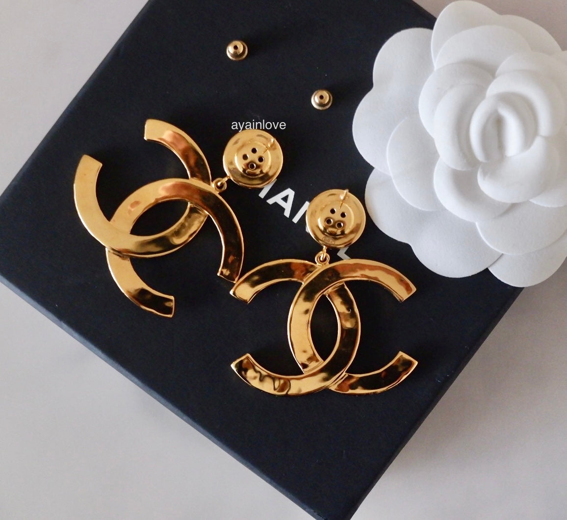 CHANEL 20A CC Paris Button Large Drop Earrings Gold Hardware