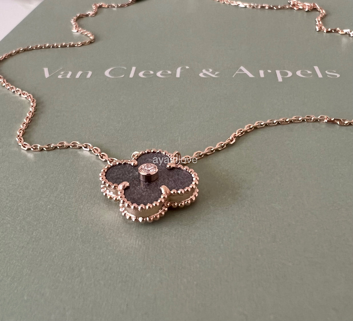 VAN CLEEF ARPELS VCA 18KT Rose Gold Limited 2023 Holiday Pendant Necklace Silver Obsidian Diamond Vintage Alhambra