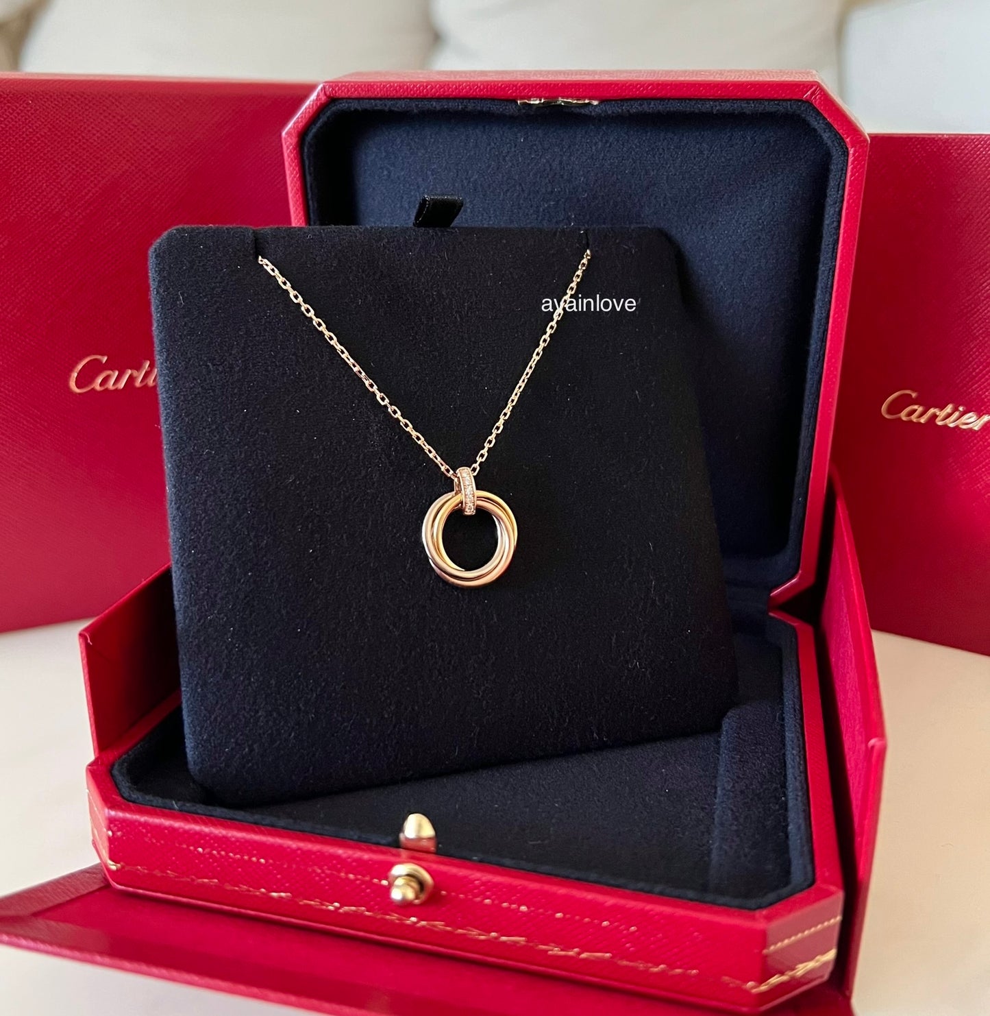 CARTIER Trinity Diamonds 18KT Rose Gold Yellow Gold White Gold Pendant and Rose Gold Necklace