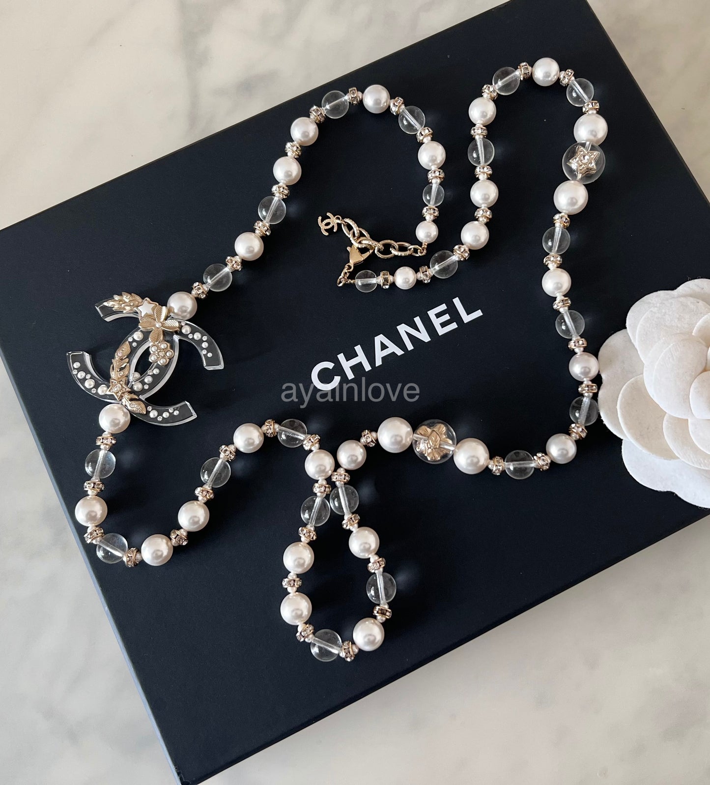 CHANEL 19K White and Clear Acrylic Lucite CC Long Necklace Light Gold Hardware