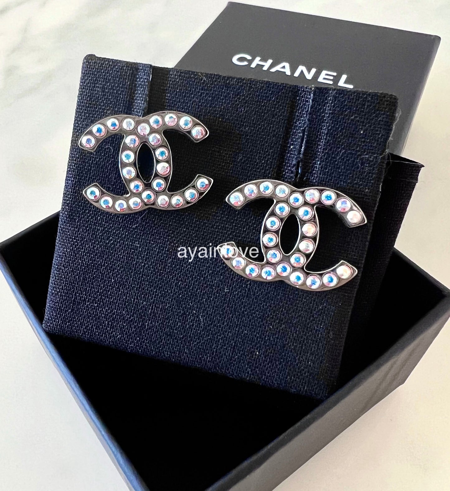 CHANEL 17K Rainbow Crystal CC Stud Medium Earrings Shiny Ruthenium Hardware