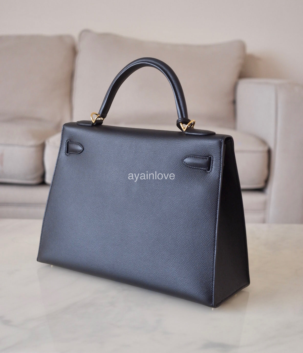 HERMES Kelly 32 Noir Black Epsom Sellier Gold Hardware X Stamp