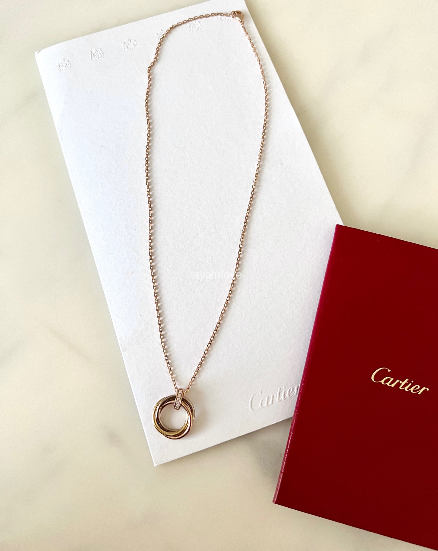 CARTIER Trinity Diamonds 18KT Rose Gold Yellow Gold White Gold Pendant and Rose Gold Necklace