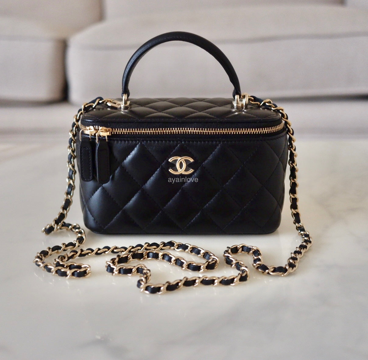 CHANEL Black Lamb Skin Top Handle Vanity Light Gold Hardware