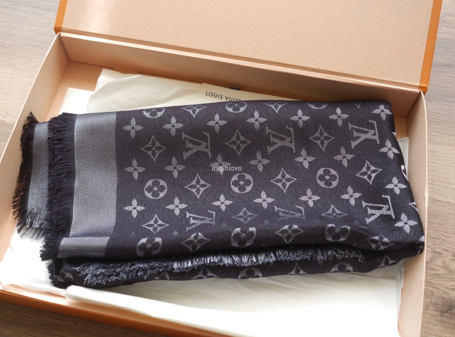 LOUIS VUITTON LV Monogram Shine Black M75123 Silk Wool Large Shawl Scarf Stole