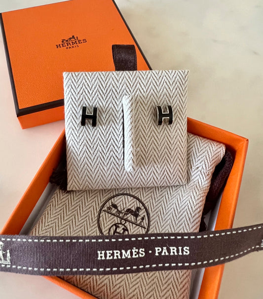 HERMES Mini H Pop Black Noir Earrings Palladium Hardware